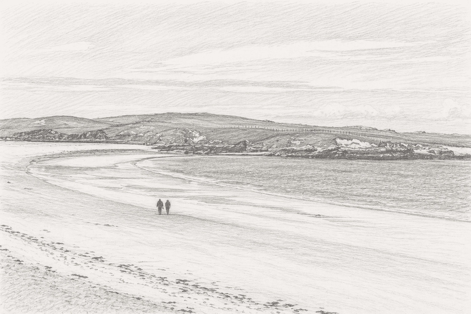Pencil sketch coastline at Dog's Bay